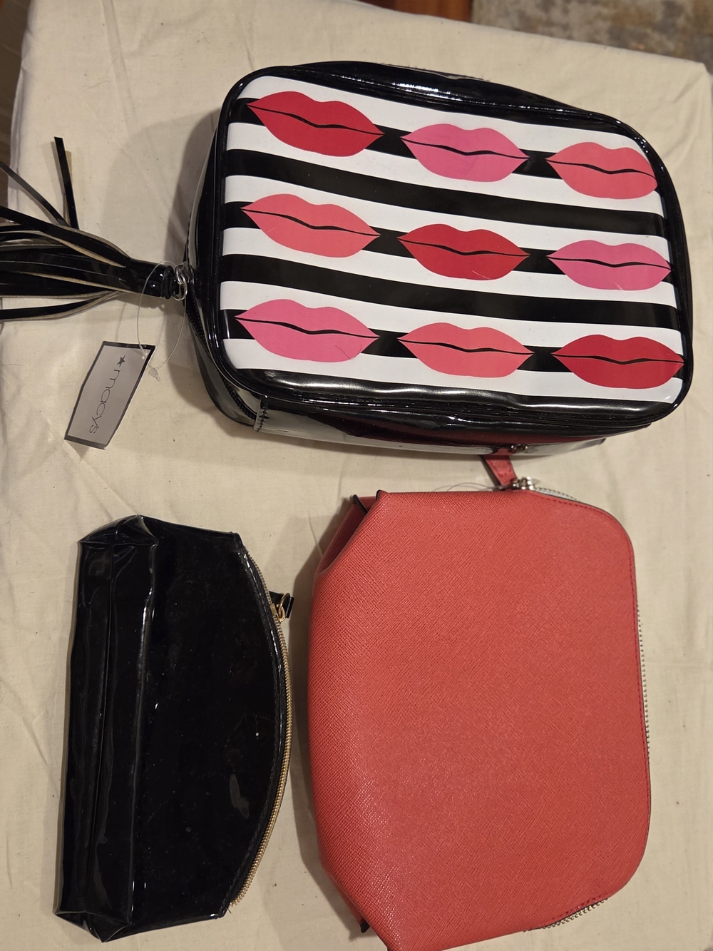 Macy's Lip-Print Stripe Cosmetic Bag Trio in Black, Pink & Coral